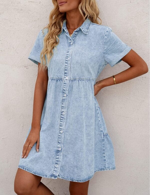 Best denim dress for women features short sleeves and button-down style