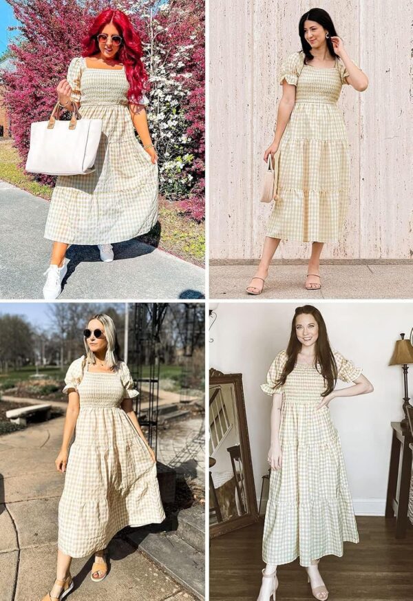 Women's plaid midi dress with puff sleeves and ruffle details for summer style