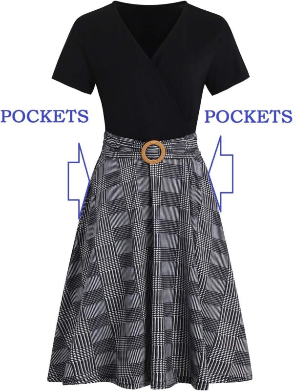 Elegant criss-cross V neck dress for women in casual fit and flare, featuring pockets.