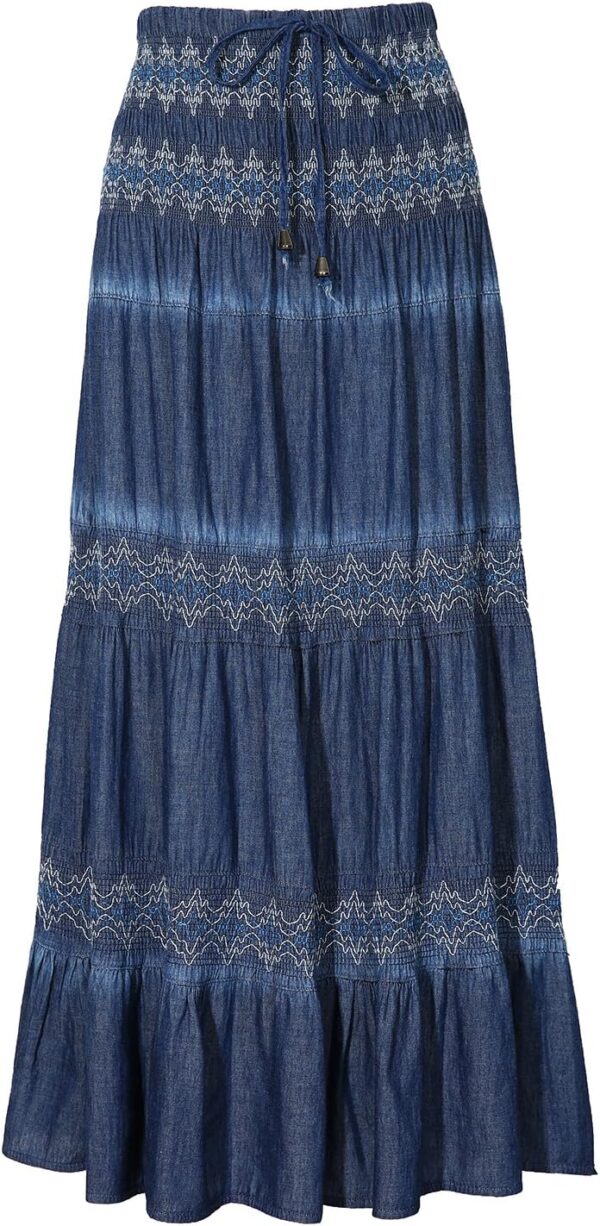 Women's high waist pleated maxi skirt in denim with tiered design