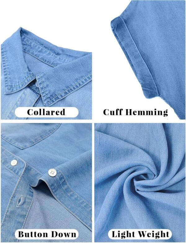 Women's distressed denim shirt dress with short sleeves, front view