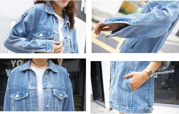 Women's oversized denim jacket in mid-length biker style, front view