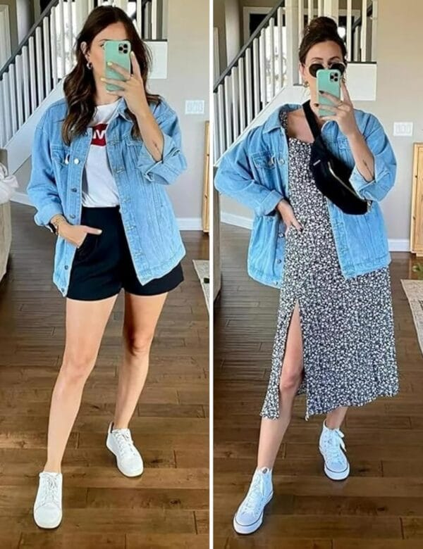 Women's oversized denim jacket in mid-length, front view with relaxed fit