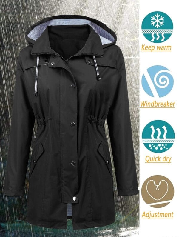 Women’s long hooded waterproof trench coat on display