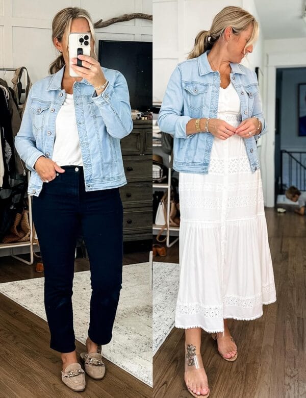 Fitted women's denim jacket with long sleeves in classic blue, front view
