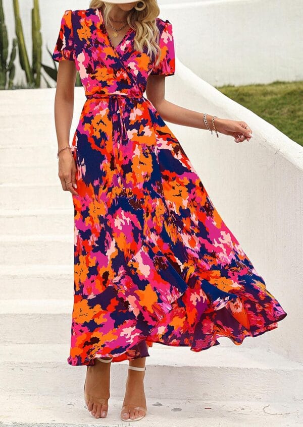 Women's floral boho wrap dress with short sleeves and V-neck style