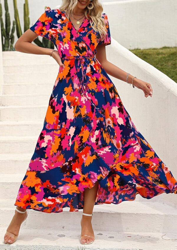 Women's floral boho wrap dress with short sleeves and V-neck design