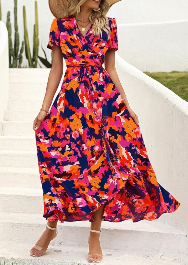 Women's floral boho wrap dress with short sleeves and V-neck design
