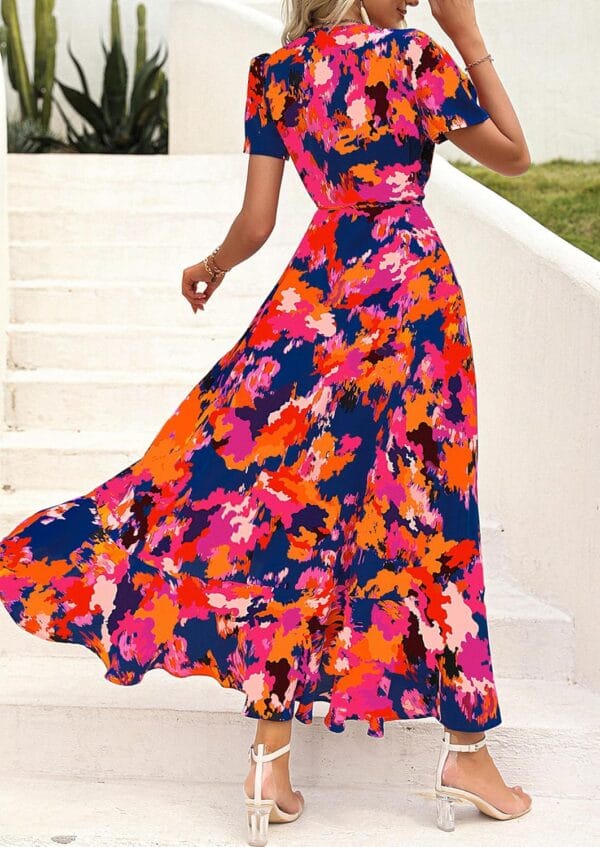 Women's floral boho wrap dress featuring a short sleeve V-neck design