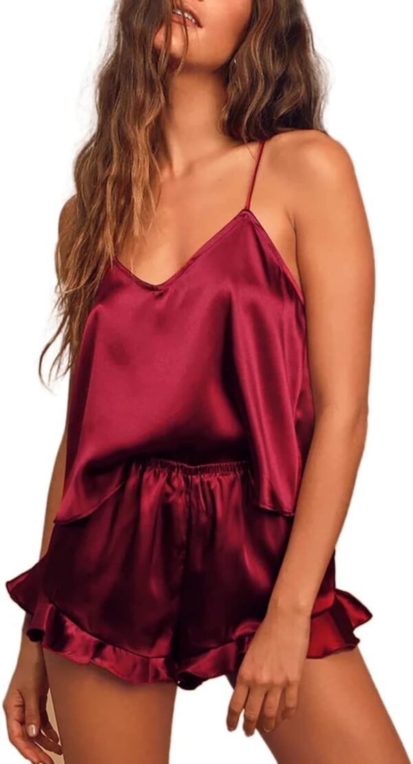 Silk satin tropical print pajamas set with ruffled design for women