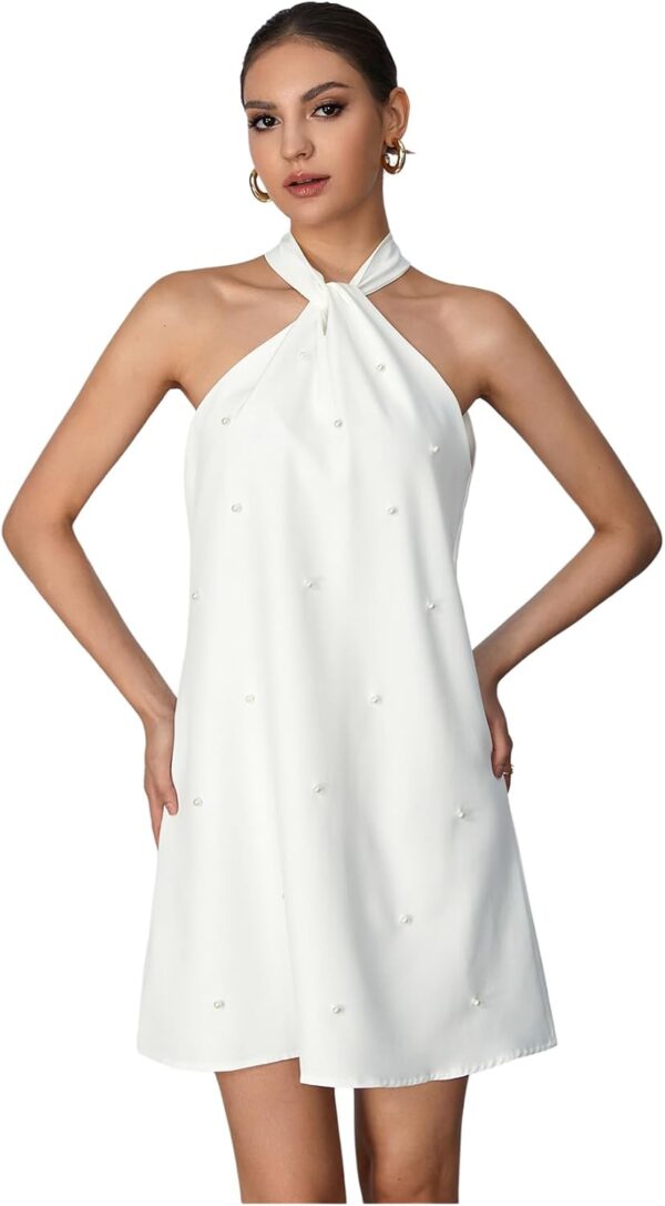 Women's halter neck cocktail dress with beaded details in A-line style