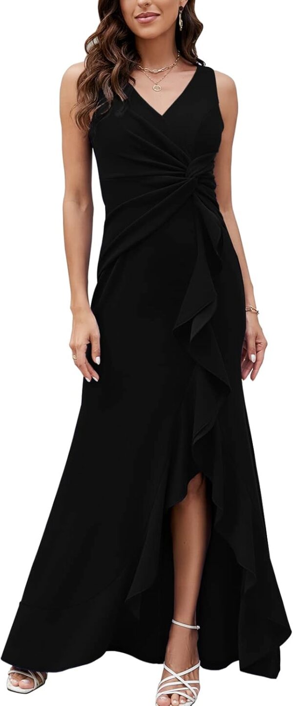 Women's formal evening dress featuring a V-neck and sleeveless design