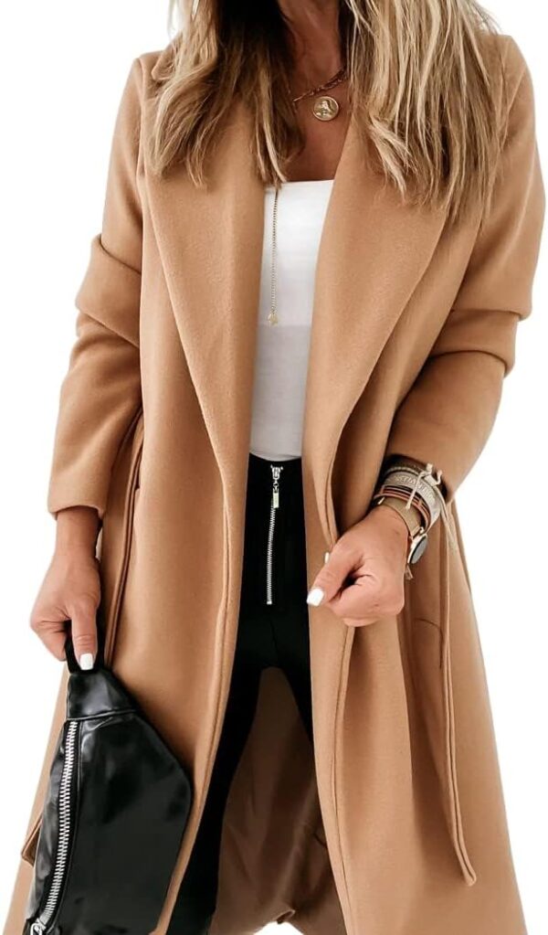 Belted women's long coat with lapel collar, front view design