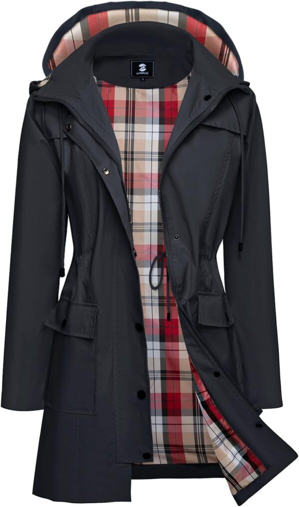 Stylish women's waterproof rain jacket in vibrant color with hood, ideal for outdoor wear