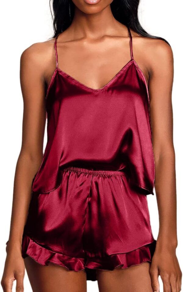 Women's tropical print satin pajamas cami and shorts set with ruffled design