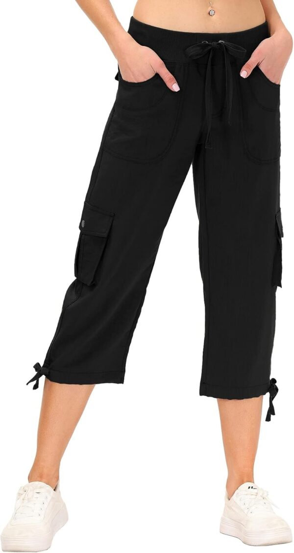 Women's lightweight cargo capris for hiking in a bright outdoor setting