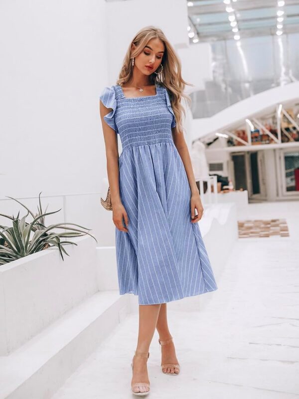 Women's smocked linen midi dress with short sleeves and side pockets