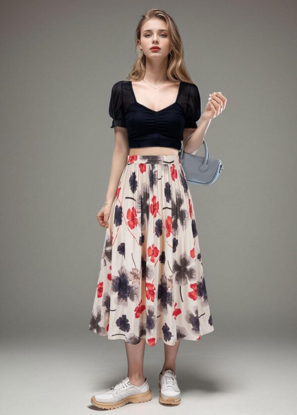 Leopard print pleated midi skirt on display, high waisted design