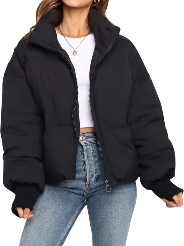 Women's winter cropped puffer jacket in warm quilted design, front view