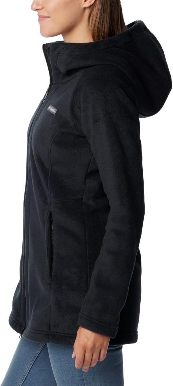 Women's long Columbia fleece hoodie in light gray with attached hood
