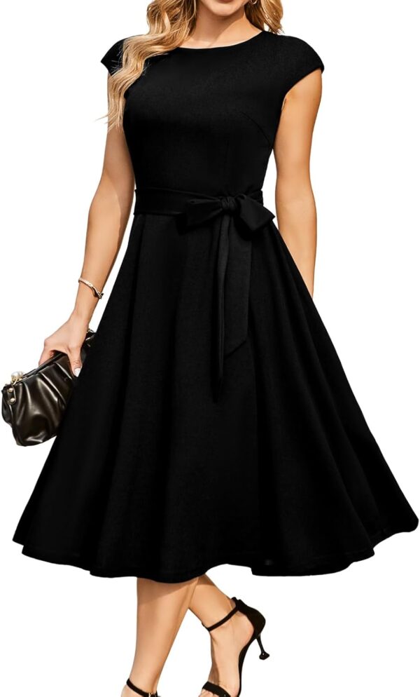 Women's modest cocktail dress for weddings, navy blue with elegant design