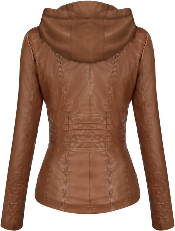 Stylish women's faux leather jacket with removable hood front view