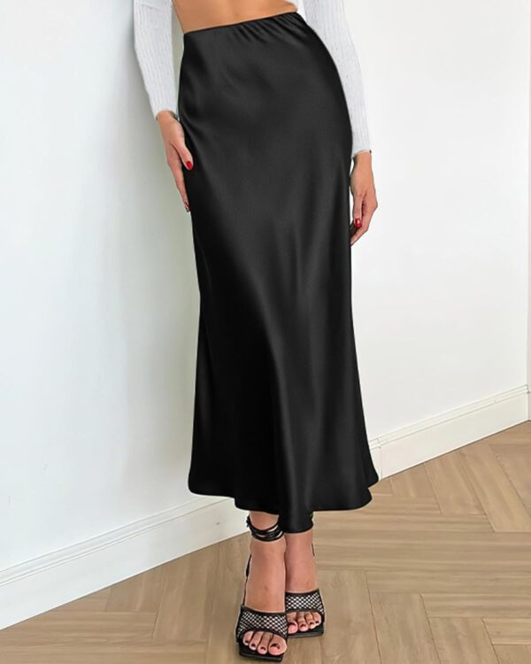 Elegant high waist satin midi skirt with flowy A-line design