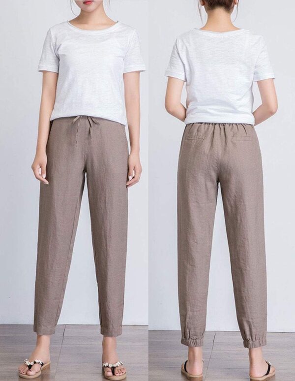 Women's ankle-length linen tapered pants with drawstring elastic waist