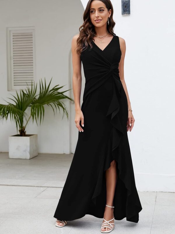Elegant women's formal evening dress with V-neck and sleeveless design