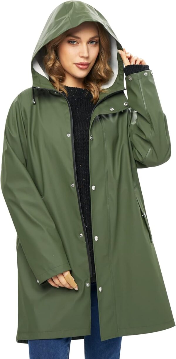 Women's long hooded waterproof rain jacket in teal blue color