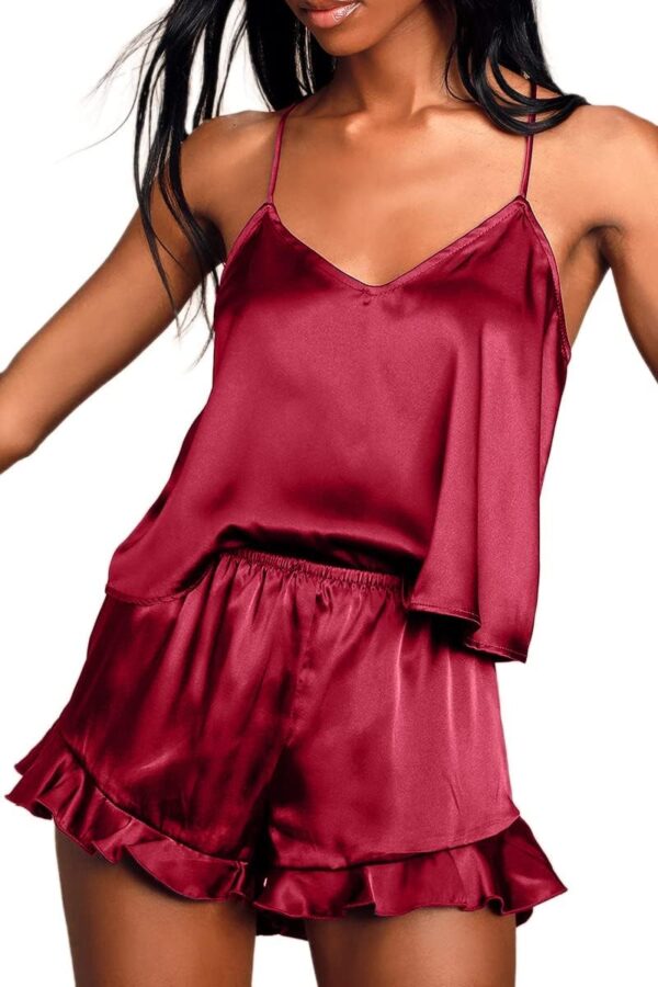 Silk satin tropical print pajamas set with ruffled design
