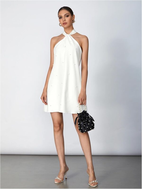 Women's halter neck cocktail dress in elegant A-line silhouette with beaded details