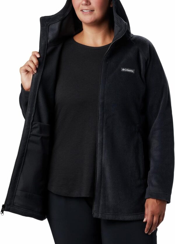 Women's long Columbia fleece hoodie in soft gray with pockets