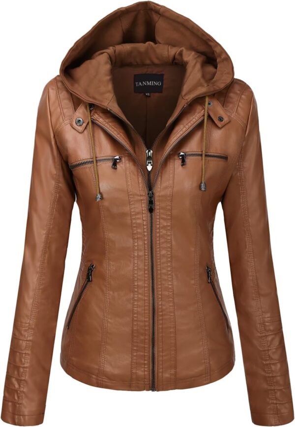 Stylish women's faux leather jacket with removable hood front view