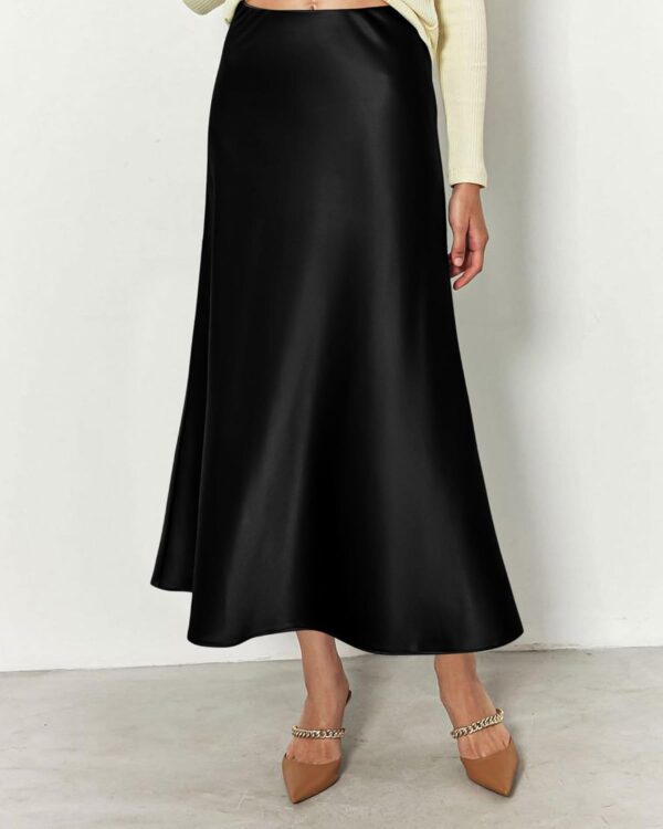Affordable high waist satin midi skirt in elegant flowy A-line design