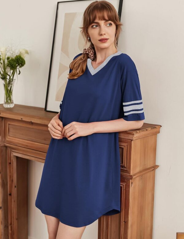 Affordable cotton sleepwear for women, short sleeve V neck nightshirt with color block design