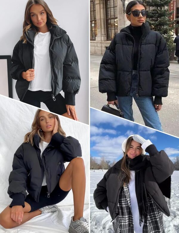Women's winter cropped puffer jacket in stylish black, showcasing quilted design