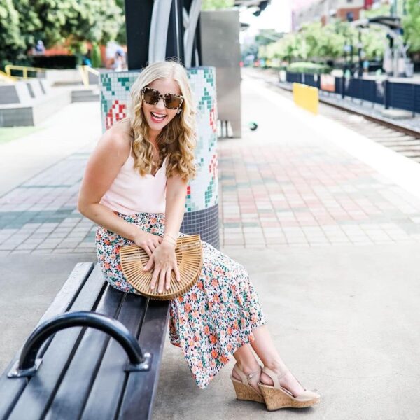 Floral print women's midi skirt with high low hem and elastic waistband