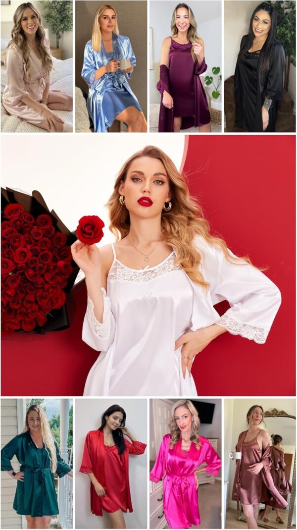Ekouaer women's lace cami robe set in soft satin, front view