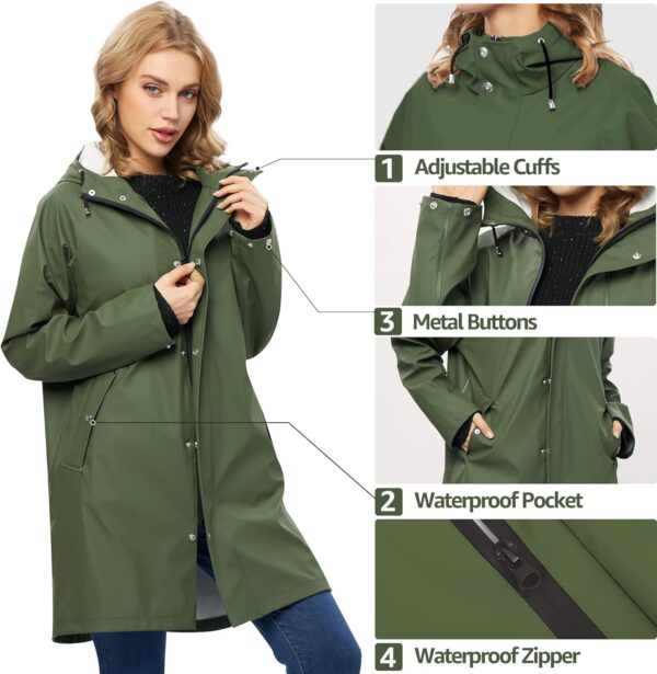 Women's long hooded waterproof rain jacket in blue for outdoor use