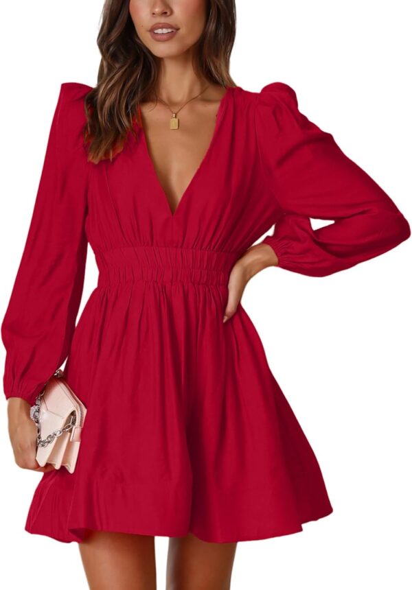 Women's A-line mini cocktail dress with deep V neckline in flowing fabric