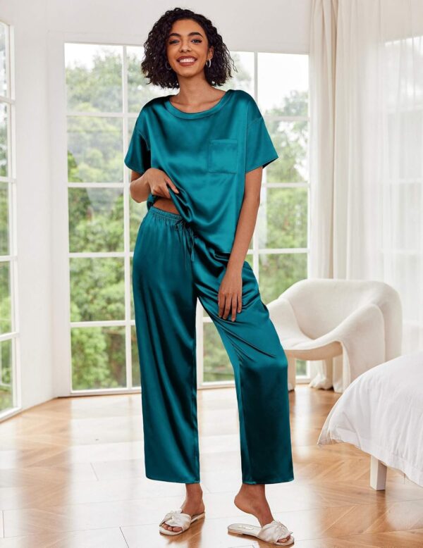 Ekouaer women's comfortable satin pajama set with short sleeves and long pants