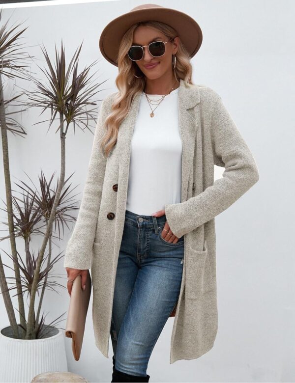 Trendy women cardigan, long knit sweater coat in stylish taupe color