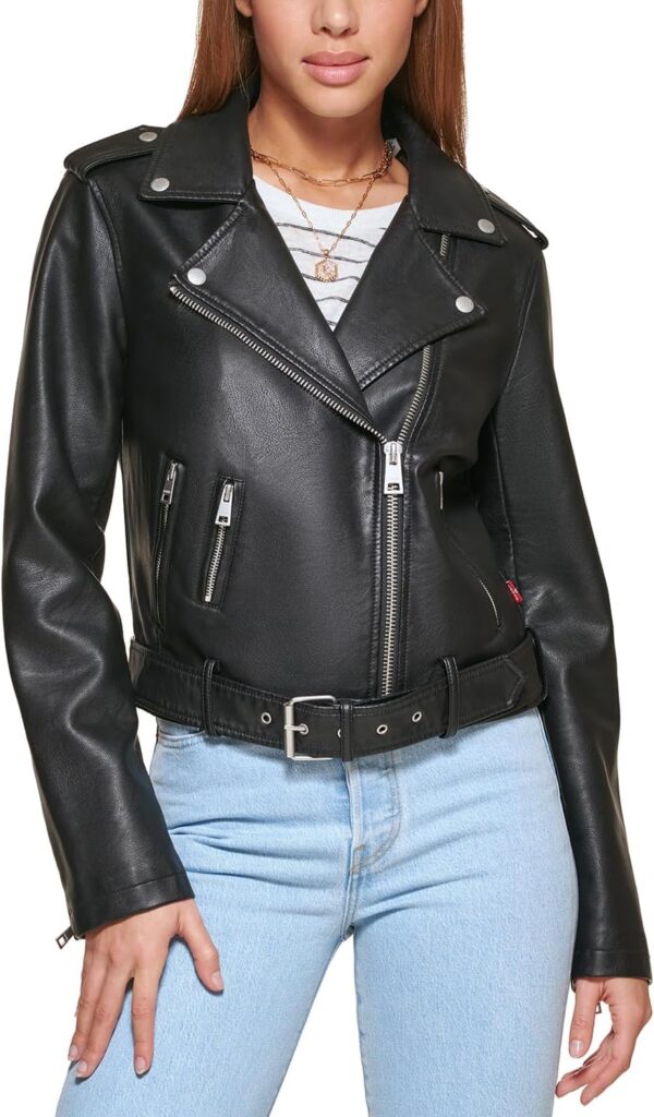 Best women's faux leather moto jacket in a stylish belted design