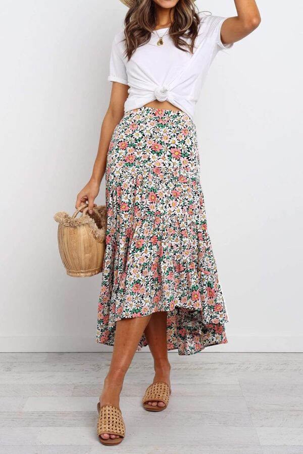 Women's floral print boho midi skirt with high low hem and elastic waist