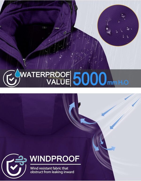 Women's 3-in-1 waterproof ski parka with fleece lining and adjustable hood