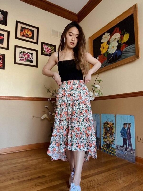 Floral print boho midi skirt with high low hem and elastic waistband