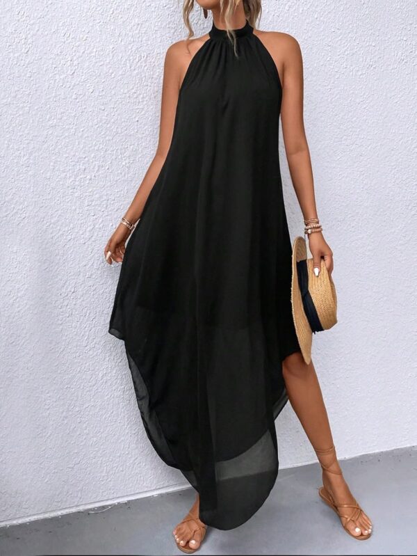Women's asymmetrical maxi dress in flowing halter style, sleeveless design
