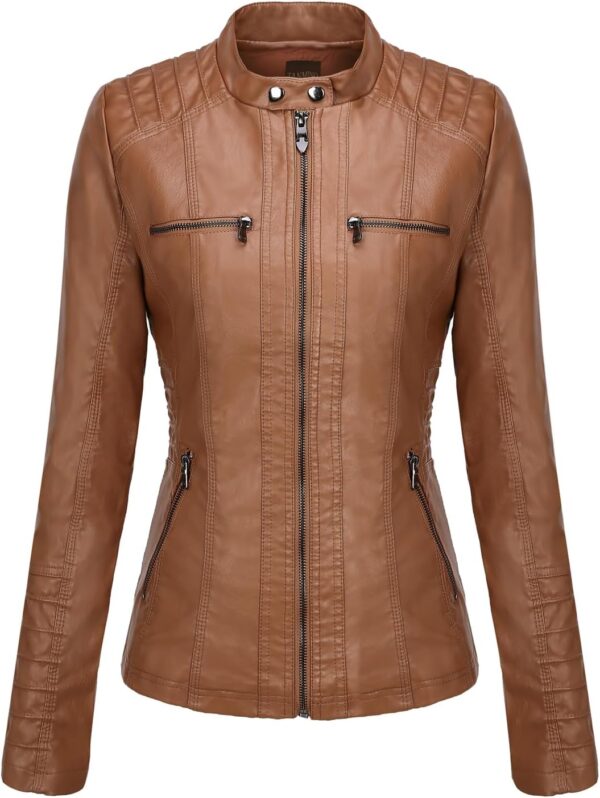 Stylish women's faux leather jacket with removable hood in black