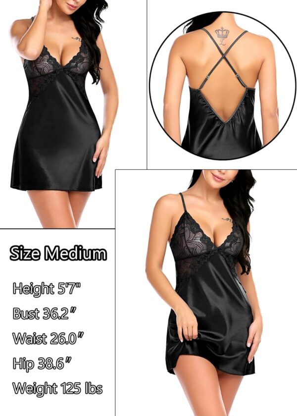 Women's satin lace chemise featuring V-neck design and mini length